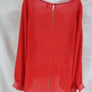YAHADA HOLIDAY RED TUNIC GOLD BEAD TRIM & CUFFS KEYHOLE BACK SLIT SLEEVES M